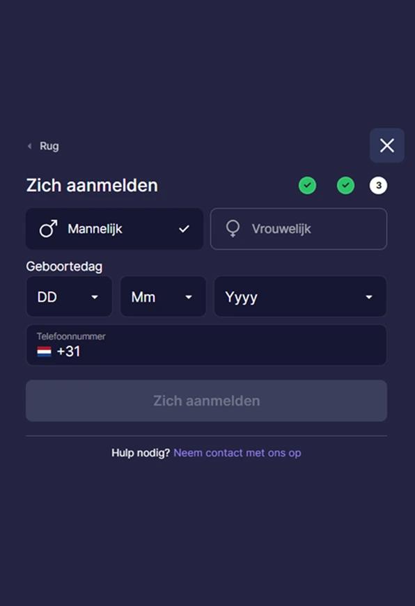 Registratieformulier met geslacht, geboortedatum en telefoon