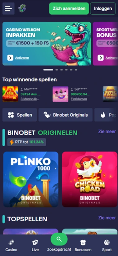Mobiele weergave van Binobet met casino bonus en originele spellen zoals Plinko en Chicken Road