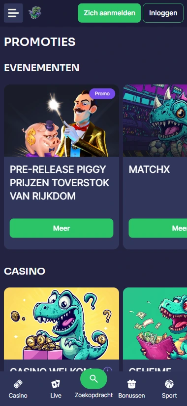 Promotiepagina van Binobet met evenementen zoals Piggy Toverstaf en MatchX bonusaanbiedingen