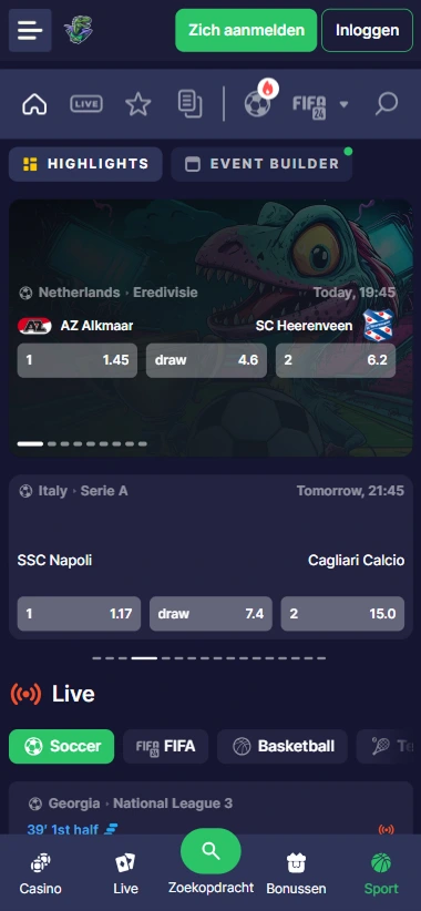 Live sportweddenschappen overzicht op Binobet mobiel met odds voor voetbal en filters per sport